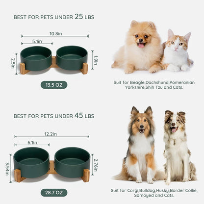 SPUNKYJUNKY Ceramic Dog and Cat Bowl with Wood Stand Non-Slip Matte Glaze Weighted Food Water Set