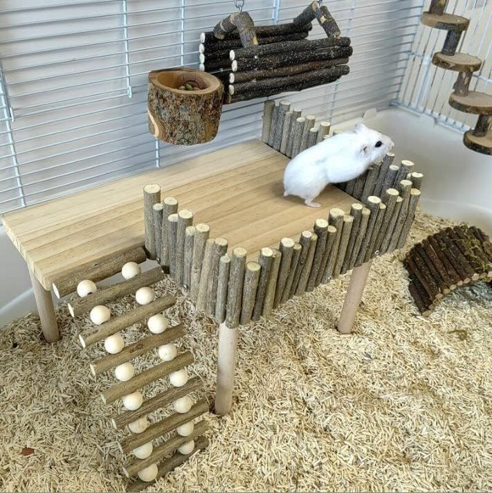 Tnfeeon Hamster with Climbing Ladder, Guinea Pig Toys Chinchilla Perch Cage Accessories Toy Wooden