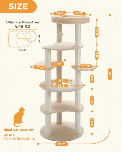 PETEPELA 61" Cat Tree for Indoor Cats, [6-Levels] Cat Climbing Tower with 9 Sisal Scratching Posts