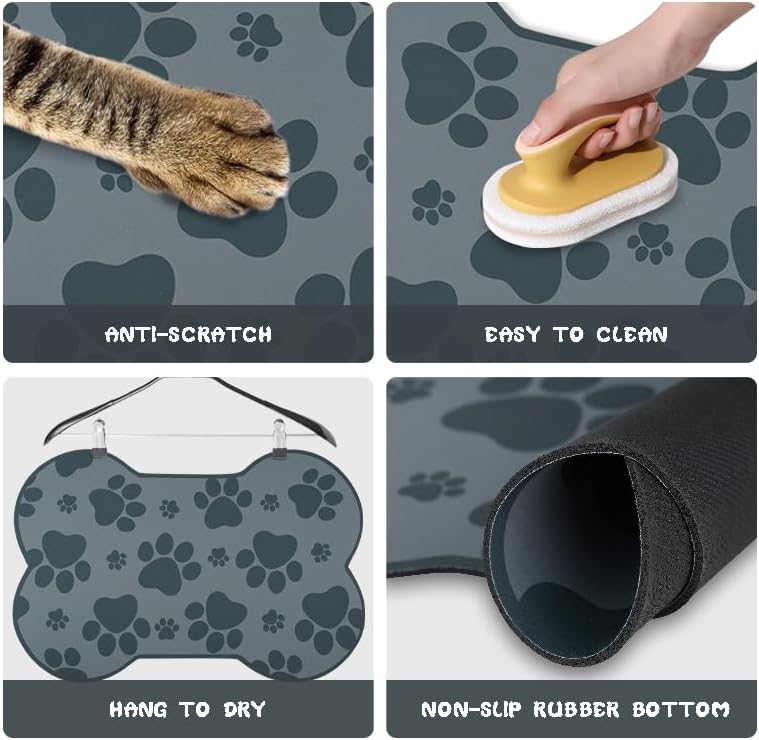 Dog Food Mats for Floors Waterproof, Pet Feeding Absorbent Water Bowl Mat Cat Placemats Gray Bone