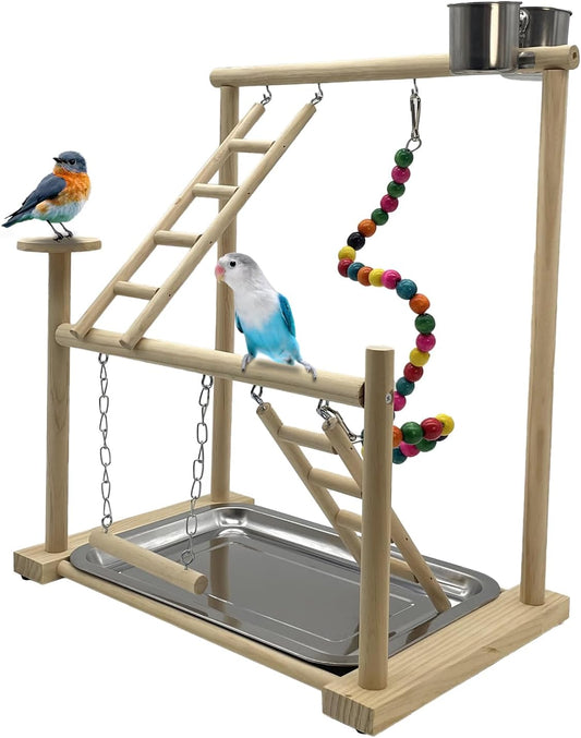Parrots Playground, Bird Play Gym Wood Perch Stand Colours Revolving Climb Ladders Swing Chewing