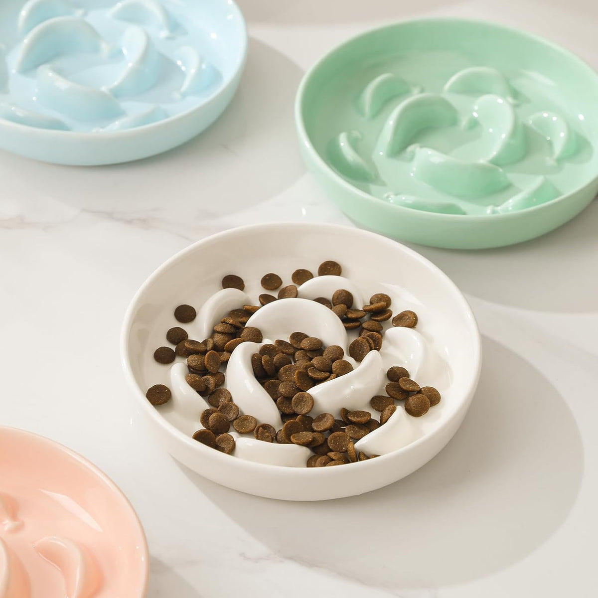 Ceramic Cat Slow Feeder Bowl - Pastel Series Cat Plate for Dry and Wet Food - Cute Maze Feeder Dish