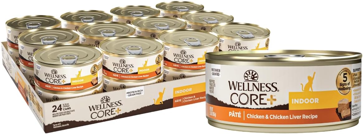 Wellness CORE+ Indoor Pate Adult Wet Cat Food, Natural, Protein-Rich, Grain Free, 5.5 Ounce, 24