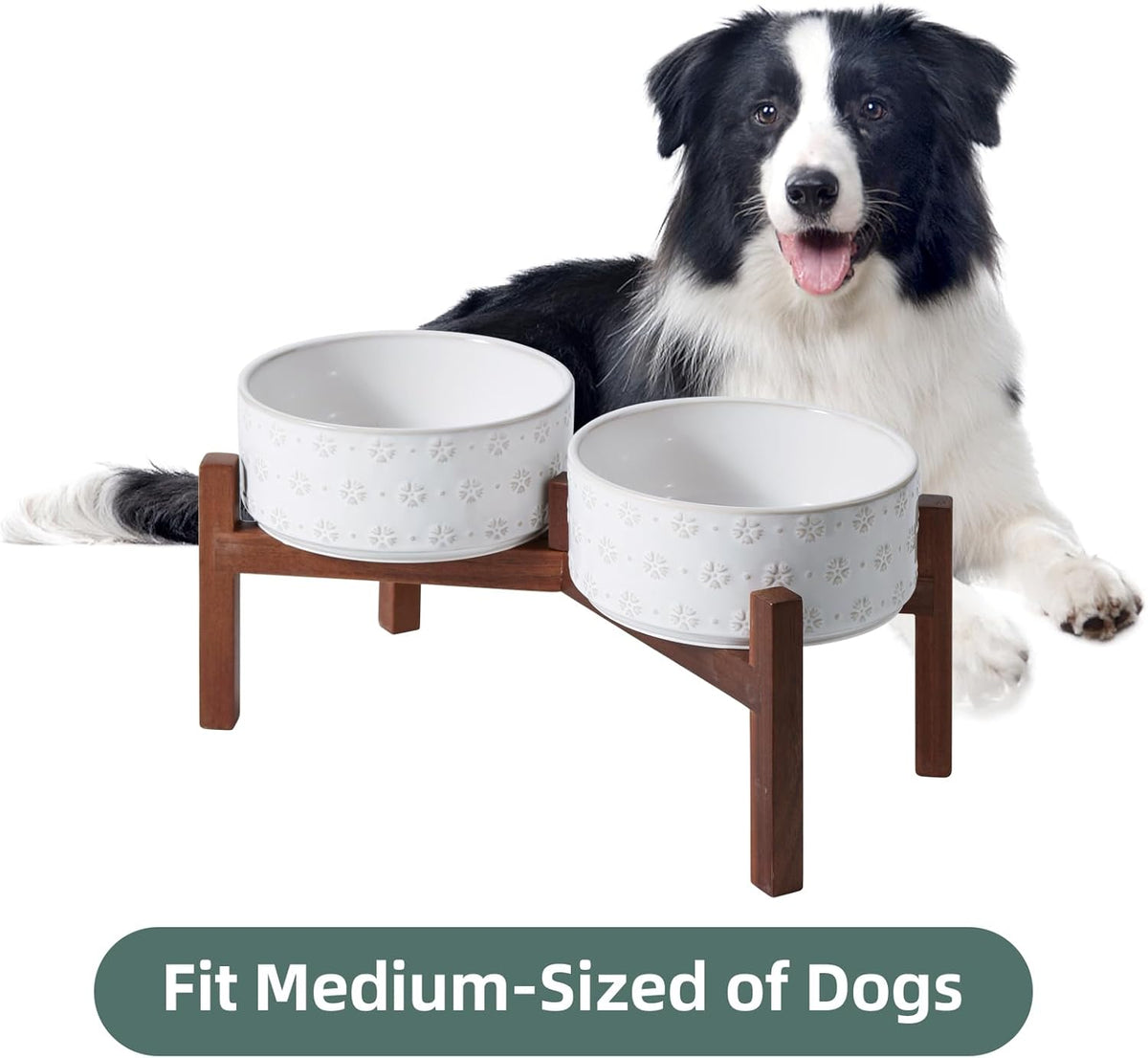 7.3inch Ceramic Raised Double Bowls Set with Acacia Wood Stand, Food & Water Bowls for Medium Breed