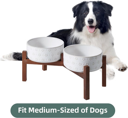 7.3inch Ceramic Raised Double Bowls Set with Acacia Wood Stand, Food & Water Bowls for Medium Breed