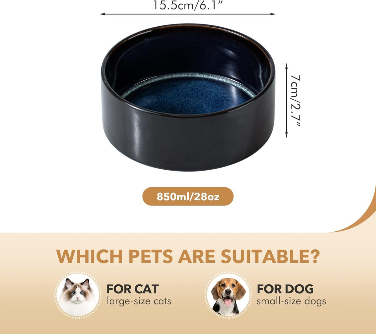 Ceramic 6.1inch Dog Bowl for Small Breed Dogs, Anti-Slip and Weighted Pet Food and Water Dishes