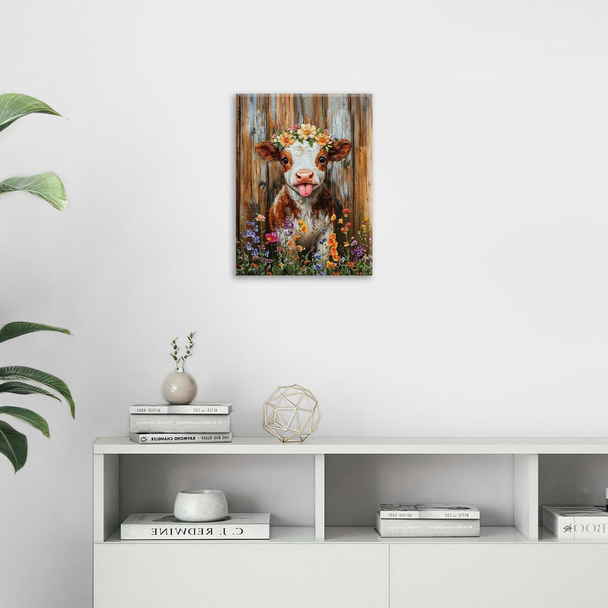 Funny Cow Bathroom Pictures Wall Art, Rustic Brown Cute Cow Bathroom Wall Decor, Farmhouse Floral