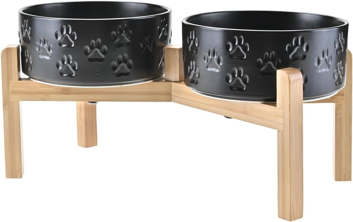 SPUNKYJUNKY Elevated Dog Bowls Ceramic, 7.3'' Dogs Food Water Bowls Raised with Non-Slip Bamboo