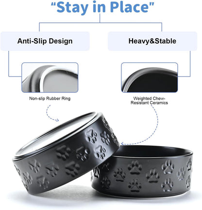 SPUNKYJUNKY Ceramic Dog Bowls 2 Pack, 7.3'' Dog Food Water Double Feeding Bowls Non-Slip for Medium