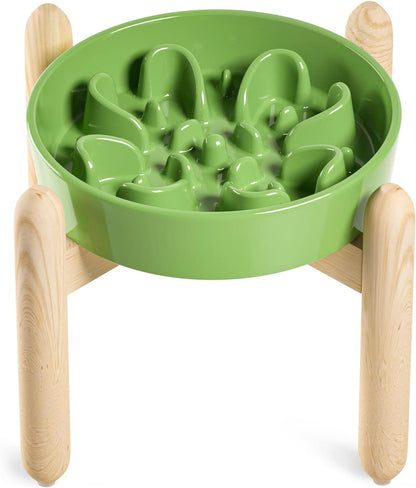LE TAUCI Ceramic Slow Feeder Dog Bowls Elevated for Small and Medium Breed, Dog Bowls with Wooden