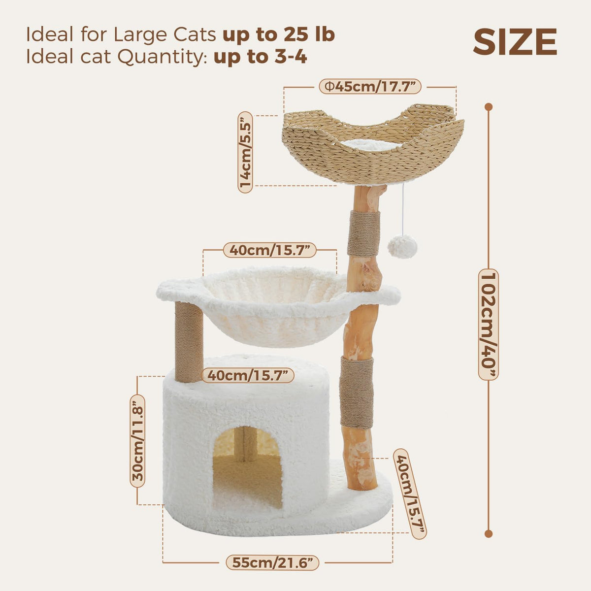 PAWZ Road Modern Cat Tree with Natural Solid Wood Scratching Post, 40 Inches Cat Tower with