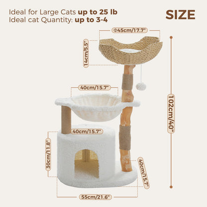 PAWZ Road Modern Cat Tree with Natural Solid Wood Scratching Post, 40 Inches Cat Tower with