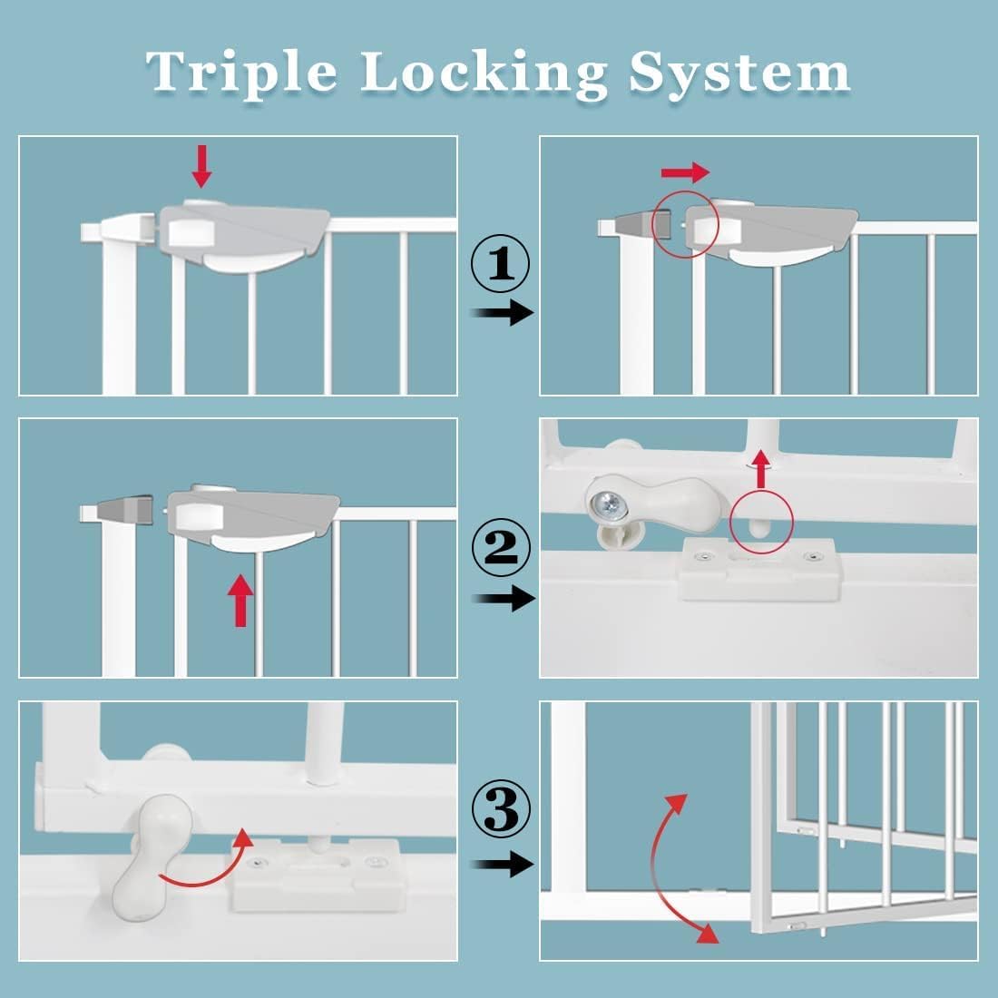 WAOWAO Triple Lock 49.21-66.54" Baby Gate Extra Wide Pressure Mounted Walk Through Swing Auto Close