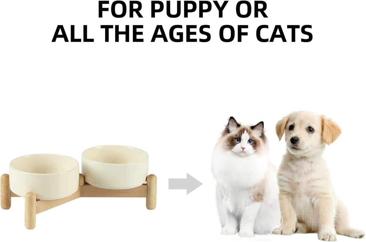 Ceramic 5.1inch Raised Double Bowls Set with Wooden Stand, Elevated Food & Water Bowls for Small