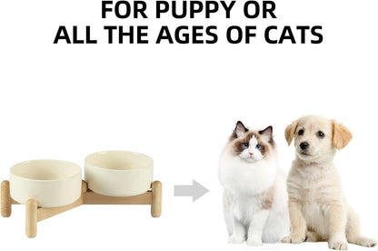 Ceramic 5.1inch Raised Double Bowls Set with Wooden Stand, Elevated Food & Water Bowls for Small