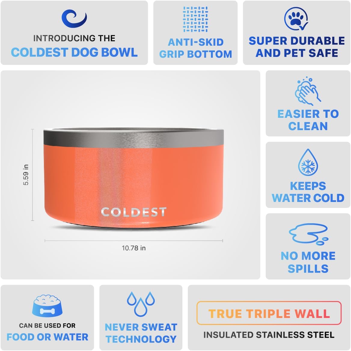 Coldest Dog Bowl - Anti Rust Metal, Non Slip, 3 Layers Insulated Stainless Steel Dog Bowls - Spill