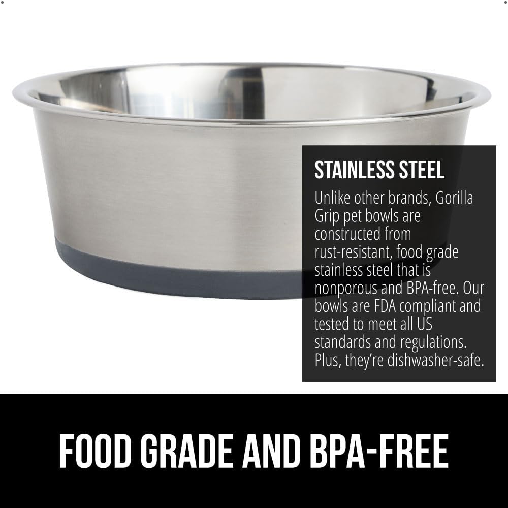 GORILLA GRIP Set of 2 Dog Bowls, Holds 6 Cups (48 fl oz), Heavy Duty Metal Food and Water Bowl for