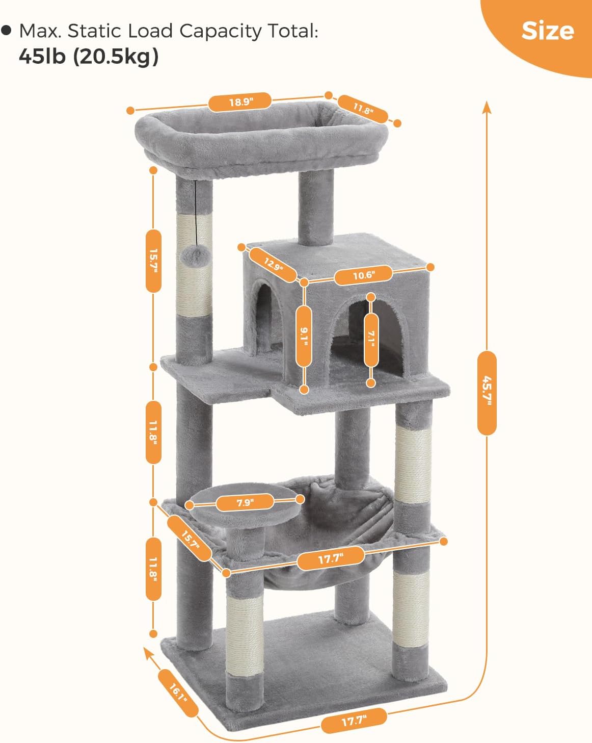 Cat Tree for Indoor Cats, 45.7" Multi-Level Cat Tower with Large Metal Frame Hammock, Cat Condo
