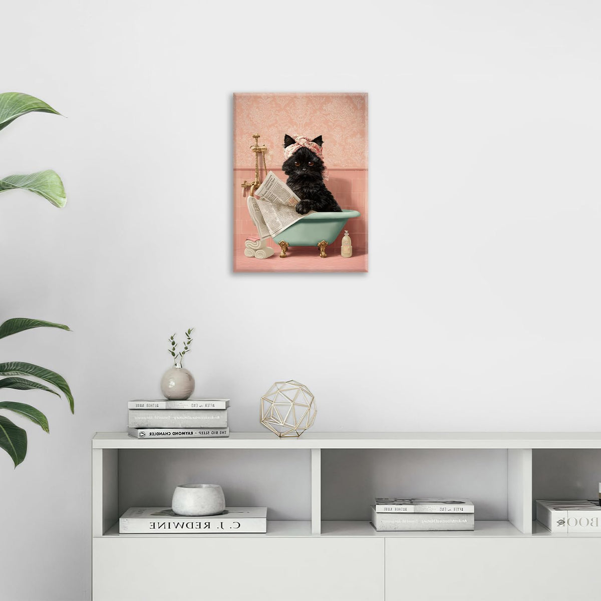 Cat Bathroom Wall Decor Black Cat Reading Newspaper in Bathtub Canvas Wall Art Funny Bathroom