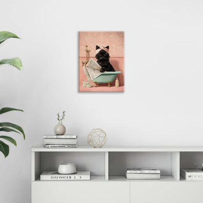 Cat Bathroom Wall Decor Black Cat Reading Newspaper in Bathtub Canvas Wall Art Funny Bathroom