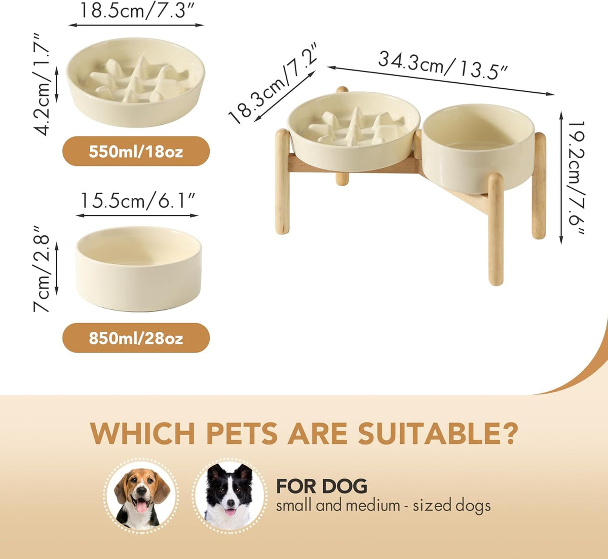 Ceramic Raised Slow Feeder Dog Bowl Set, Elevated 6.1inch Bowl and 7.3inch Slow Pet Food Dish with