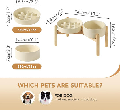 Ceramic Raised Slow Feeder Dog Bowl Set, Elevated 6.1inch Bowl and 7.3inch Slow Pet Food Dish with