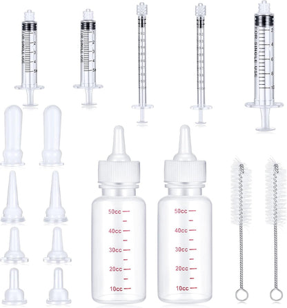 17 Pieces Pet Nursing Bottle Kit Including 2 Pet Feeding Bottle, 8 Replacement Feeding Nipples, 5