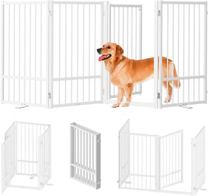 Full Metal Freestanding Dog Gate with Door, 32''Height Foldable Pet Dog Fence for Indoor & Outdoor