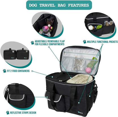 PetAmi Dog Travel Bag - Organizer with Food Container, Bowls & Accessories for Weekend Camping, Cat
