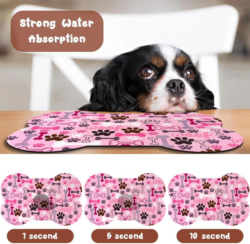 Dog Food Mats for Floors Waterproof, Pet Feeding Absorbent Water Bowl Mat Cat Placemats Pink Bone
