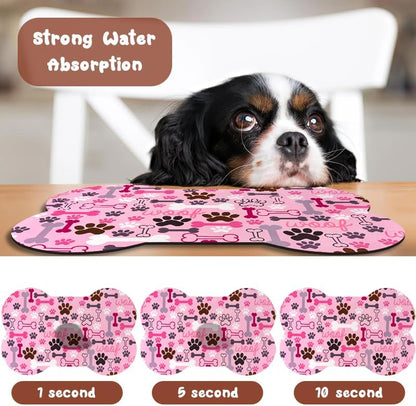 Dog Food Mats for Floors Waterproof, Pet Feeding Absorbent Water Bowl Mat Cat Placemats Pink Bone
