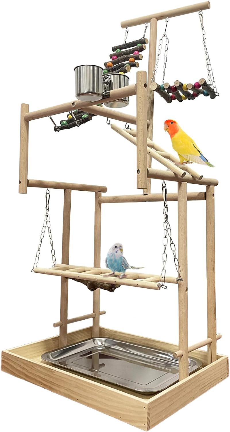 Hamiledyi 4 Layers Large Bird Playground 32" H Pet Parrot Playstand Gym Perch Wood Playpen for