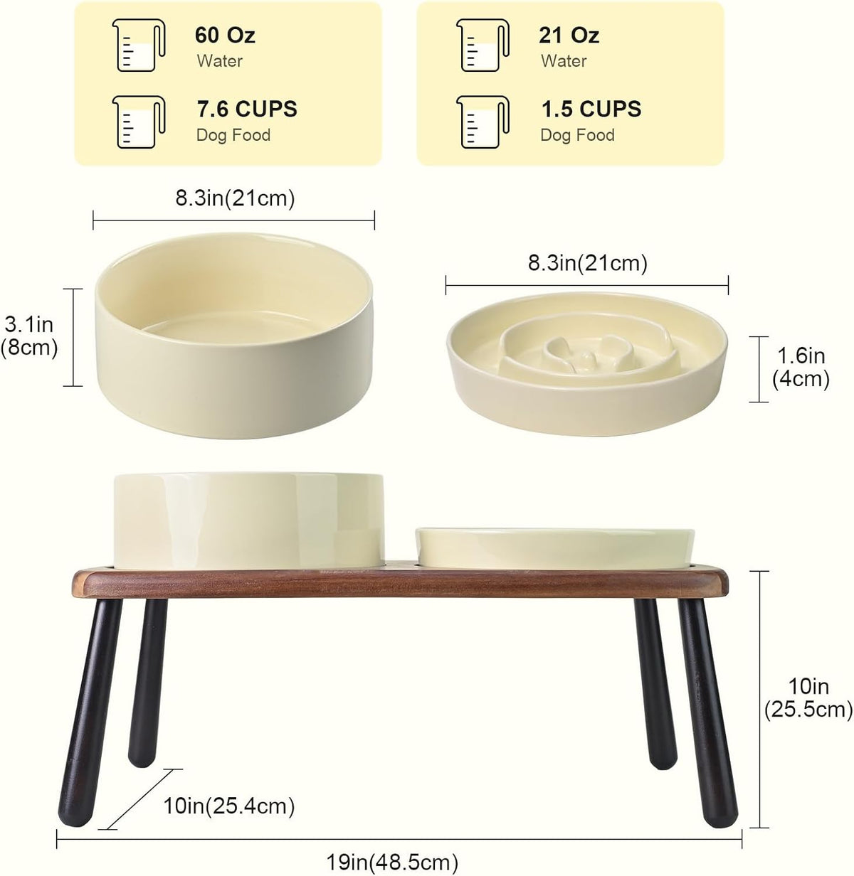 SPUNKYJUNKY Ceramic Elevated Dog Bowls with Slow Feeder Raised Acacia Bamboo Wooden Stand, 8.3''