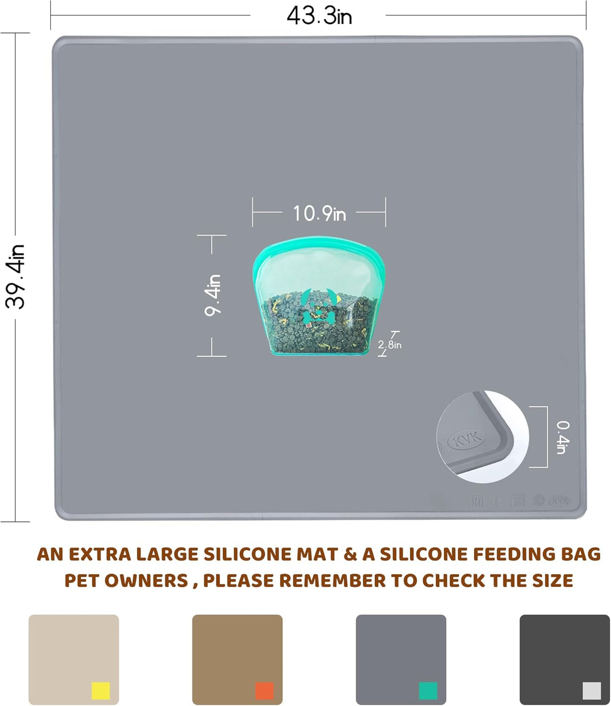 KVK Extra Extra Large Silicone Dog Food Mat 39.4×43.3in and 128oz Silicone Bag Set, Super Size