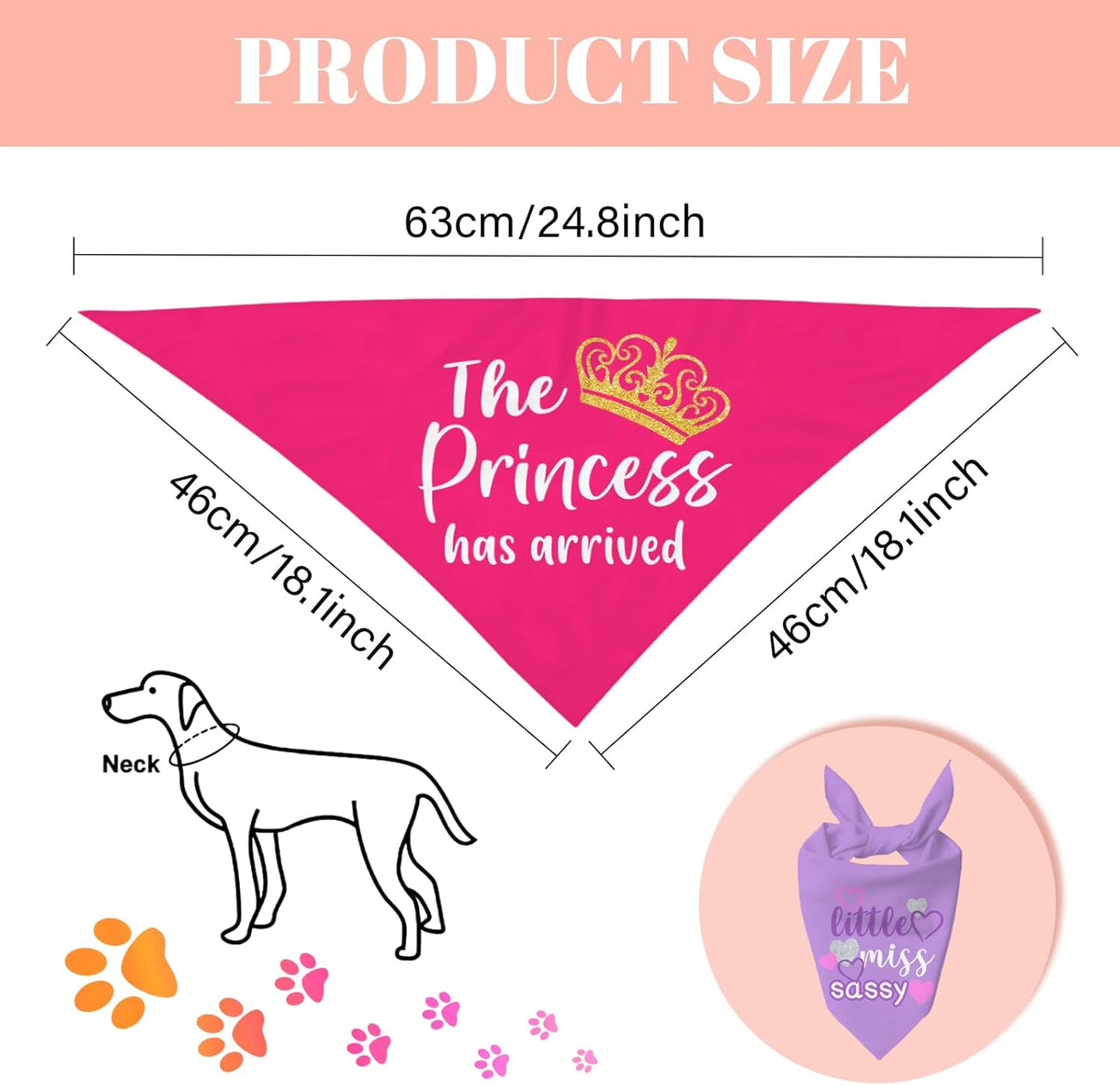 Puppy Bandana 2 Pcs, Princess Sassy Pet Scarf Gifts for Dog Girl, Pink Purple Cute Puppy Bandana