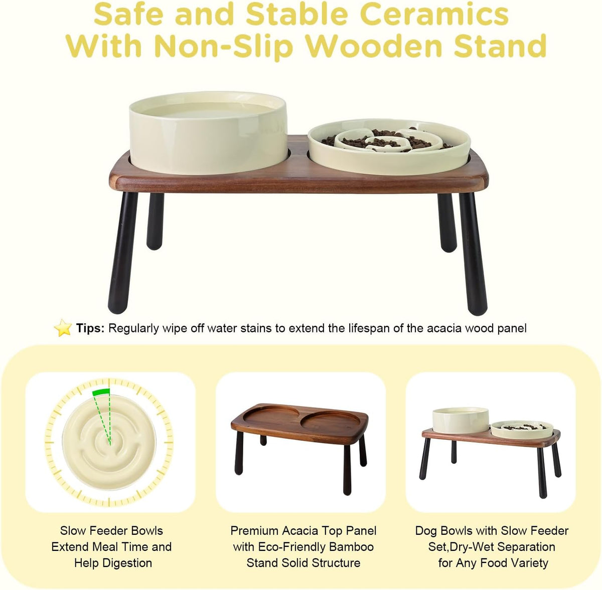 SPUNKYJUNKY Ceramic Elevated Dog Bowls with Slow Feeder Raised Acacia Bamboo Wooden Stand, 8.3''