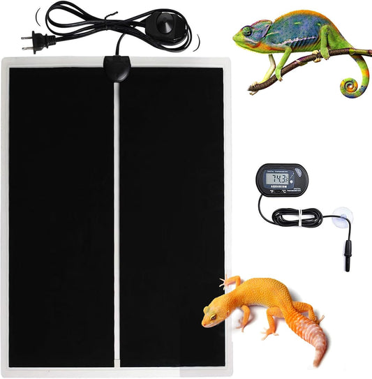 MQ Reptile Terrarium Heat Pad with LCD Digital Aquarium Thermometer, 11 x 16.5in Power Adjustment