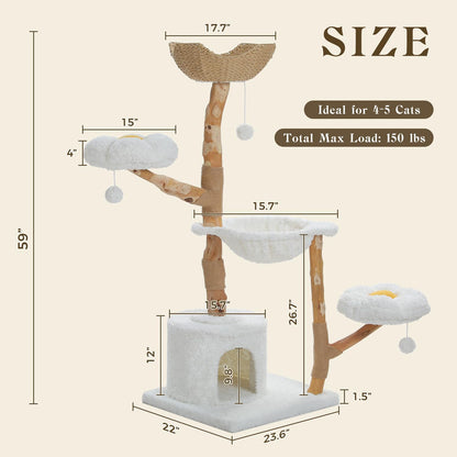 59" Modern Cat Tree Tower for Large Cats w/2 Flower Perches-Natural Solid Wood Scratching Post with