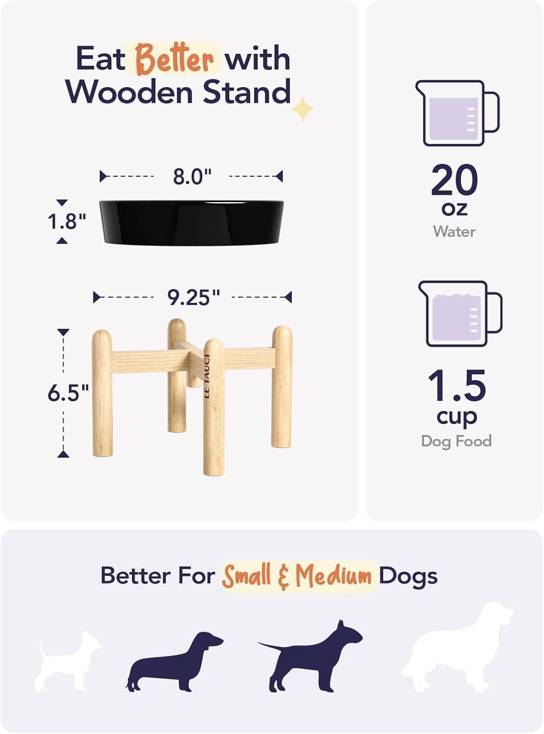 LE TAUCI Ceramic Slow Feeder Dog Bowls Elevated, 1.5 Cups Raised Dog Food Bowl with Wooden Stand