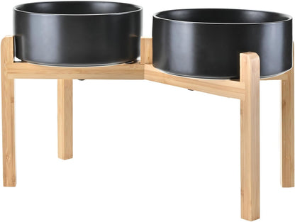 SPUNKYJUNKY Elevated Dog Bowls Ceramic, 8.3'' Dogs Food Water Bowls Raised with Non-Slip Bamboo