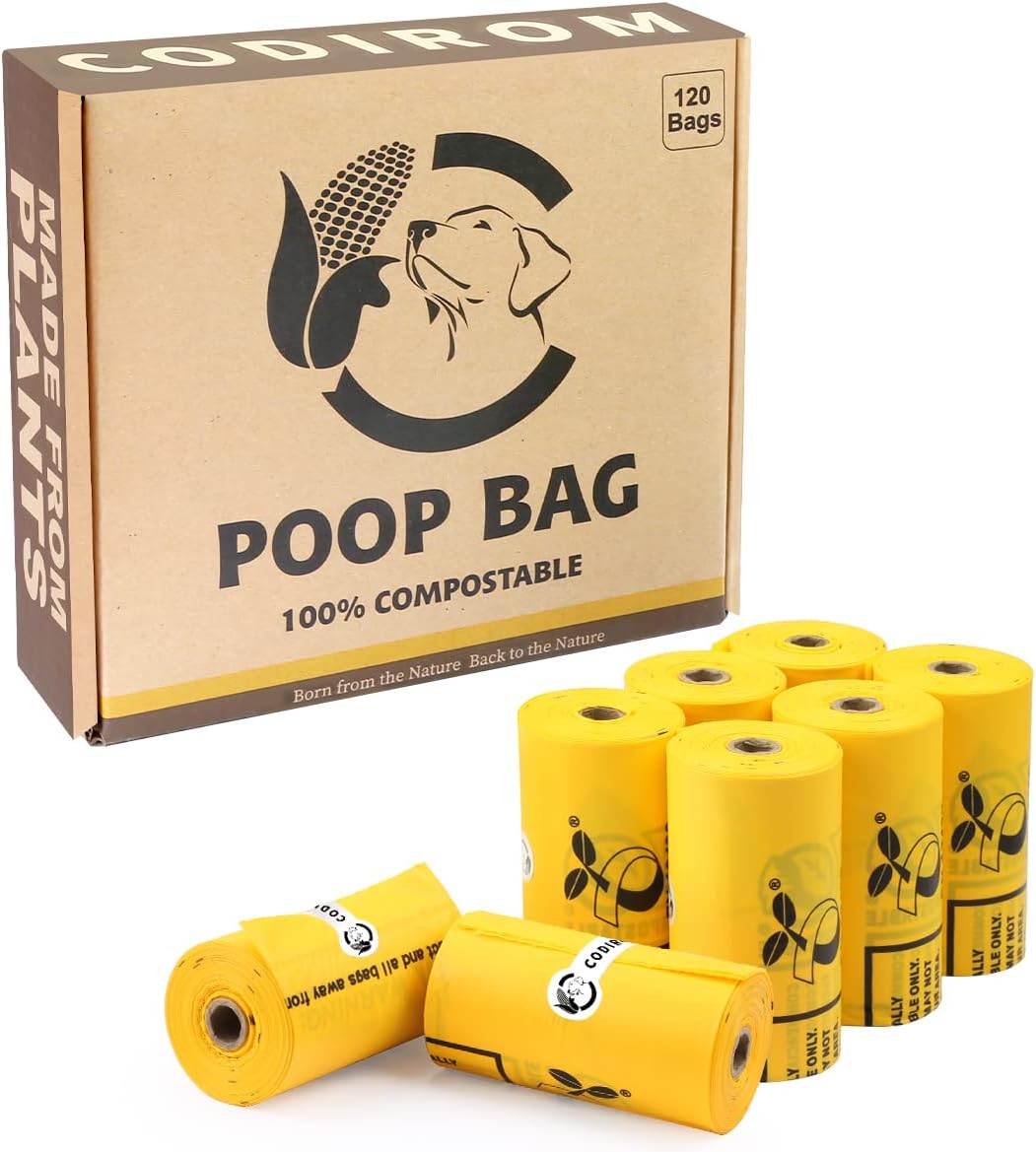 Certified Compostable Dog Poop Bags, 120 Count Landfill Friendly and Leakproof Waste Bags, Easy