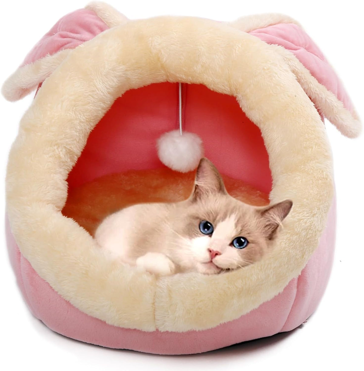 Lcybem Cat Beds for Indoor Cats - Rabbit-Shaped Cat Cave Bed with Hanging Toy,Super Soft Calming