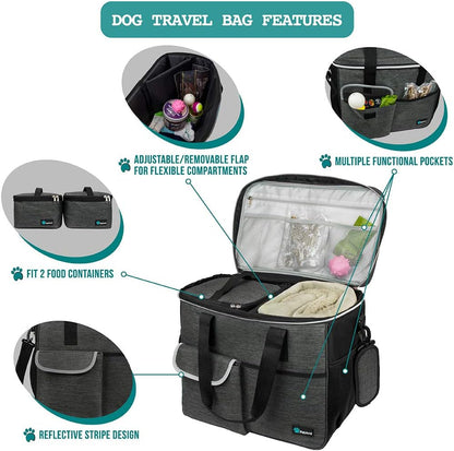 PetAmi Dog Travel Bag - Organizer with Food Container and Bowls, Supplies for Weekend Camping, Cat