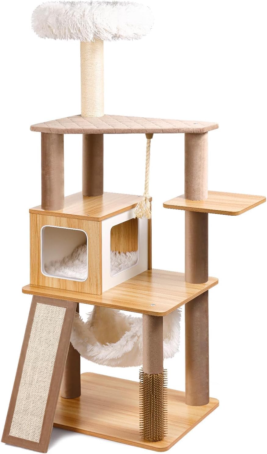 61" Wooden Cat Tree Tower for Indoor Cats, Luxury Modern Wooden Tower with XL Plush Lounge, Hammock