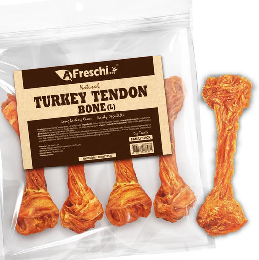 Afreschi Natural Turkey Tendon Bone (L) 10 oz, USA-Sourced Turkey Tendon, All Natural Puppy Chew