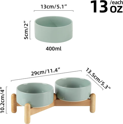 Ceramic 5.1inch Raised Double Bowls Set with Wooden Stand, Elevated Food & Water Bowls for Small