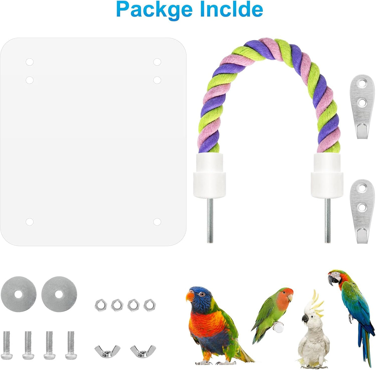 5.9" Bird Mirror with Rope Perch Bird Toys Swing, Comfy Perch for Greys Amazons Parakeet Cockatiel