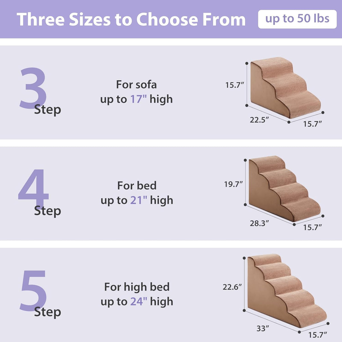 Dog Stairs for Small Dogs, 3-Steps Dog Ramp for Bed and Couch, Pet Stairs with Highly Supportive