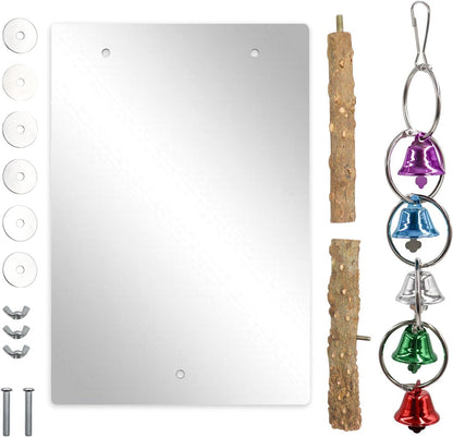 Bird Mirror Toy with Perch Stand, Parrot Parakeet Mirror with Bird Swing Bell Toys, Bird Cage