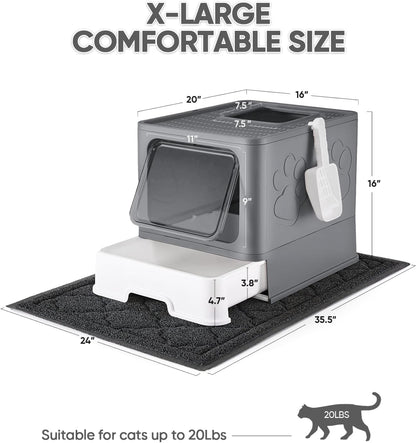 Cat Litter Box with X-Large Litter Mat and Scoop, Large Foldable Litter Box with Lid, Enclosed